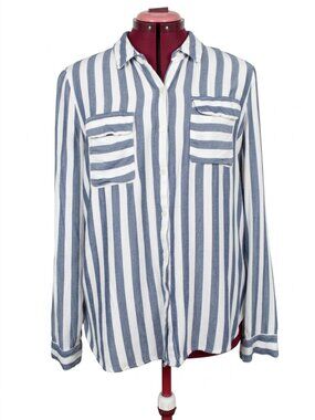 MANDEE -  Blue & White Vertical Striped Button-Down Shirt - Large
